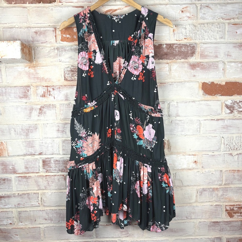 Free People Haze Floral Tiered Tunic Black Multi V-Neck Smocked Mini Dress Boho